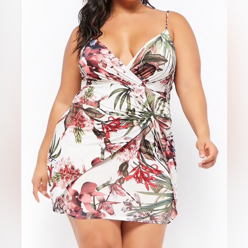 Plus size mock wrap twist-front mini dress